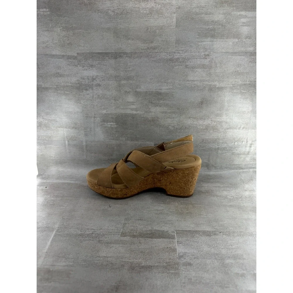 Clarks Collection Tan Nubuck Cork Wedge Platform Sandals Women Sz 7M